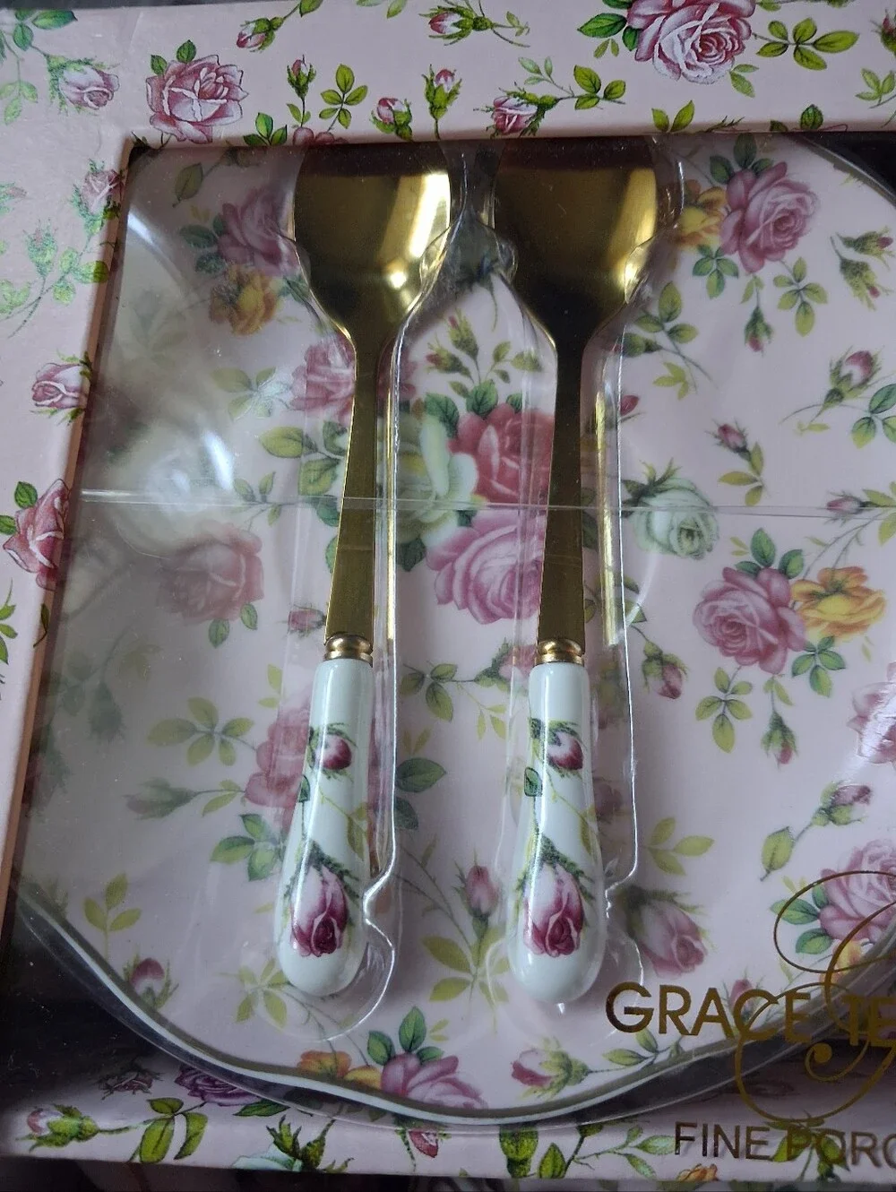 Floral Porcelain Tea Set with Gold Spoons - Pink Rose Pattern